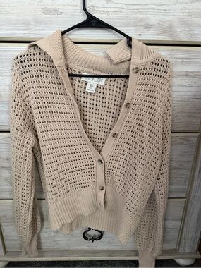 Rachel Zoe Open-Knit Button Cardigan in Beige